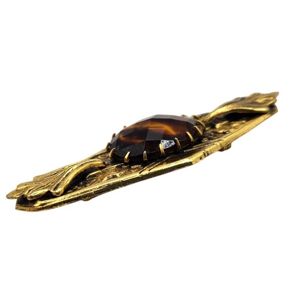 Vintage Freirich Gold Tone Victorian Revival Amber Glass Mourning Brooch Pin - Picture 5 of 7